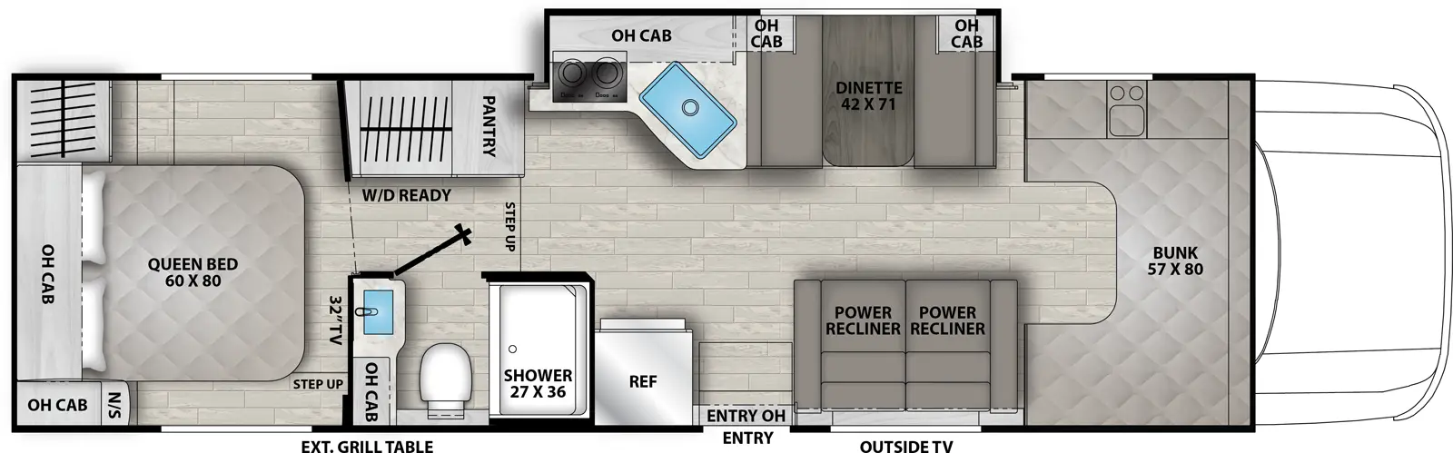 The Entourage 320LV floorplan has one entry and one slide out. Exterior features include: LAM awning. Interiors features include: rear bedroom and bunk over cab.